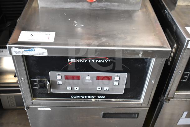 2021 Henny Penny 600 commercial pressure fryer, stainless steel, natural gas, 80,000 BTU, on casters, control panel shown.