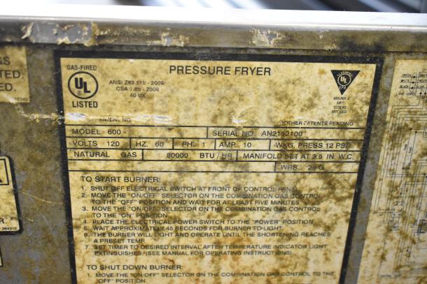 2021 Henny Penny Model 600 commercial pressure fryer, natural gas, 80,000 BTU, serial AN212100, on casters.