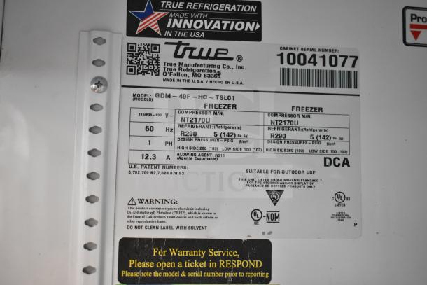 Label for 2020 True GDM-49F-HC Commercial Freezer, 2-door, 115/208-230V, 1 phase. Serial: 10041077, Model: GDM-49F-HC.
