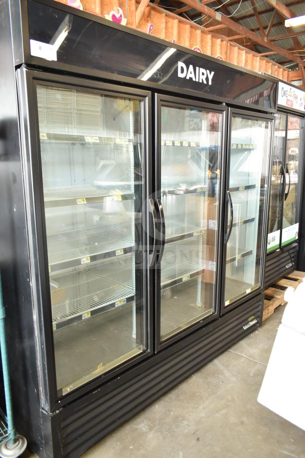 2018 True GDM-72-HC commercial 3-door cooler merchandiser, black, reach-in, glass doors, interior shelving, 115V.