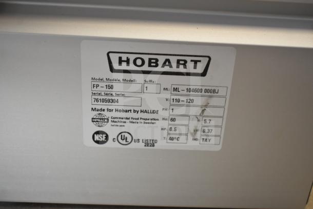 Brand new Hobart FP150-1 food processor label showing model, serial number, voltage, and certification marks.