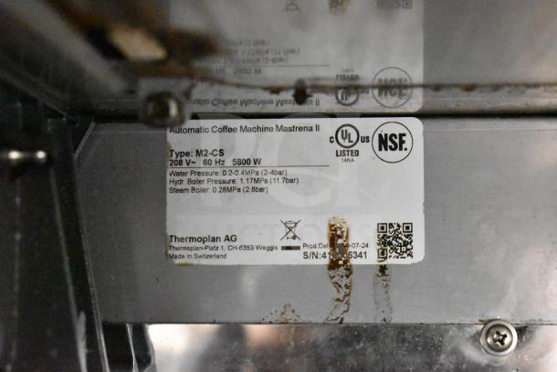 Label on 2019 Thermoplan Mastrena M2-CS Espresso Machine: 208V, 60Hz, 5800W. UL and NSF listed. Manufactured in Switzerland.