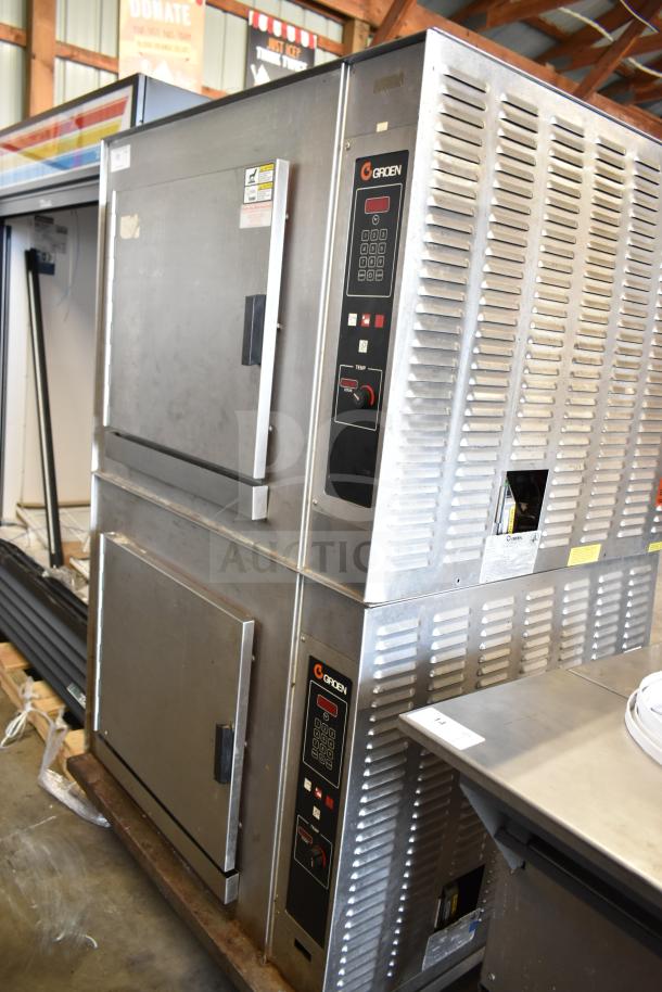 Two Groen CC20-G stainless steel commercial convection ovens, natural gas powered, 90,000 BTU, in used condition.