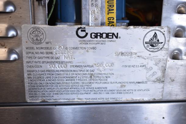 Groen CC20-G stainless steel commercial convection oven, natural gas, 90,000 BTU, model and serial label visible.