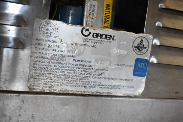 Groen CC20-G convection oven label showing model, natural gas type, 90,000 BTU capacity, NSF certification, and usage guidelines.