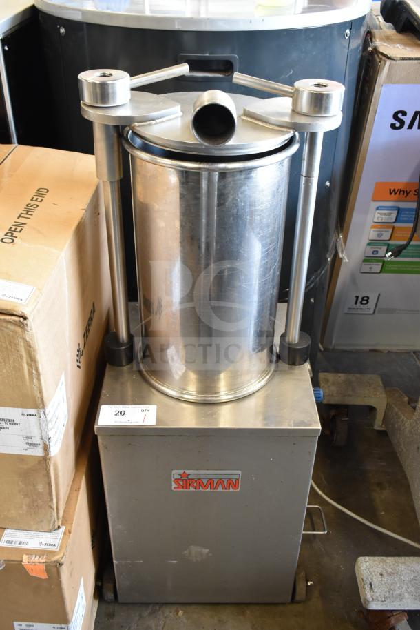 Sirman IS V25 IDRA VERT commercial sausage stuffer, floor style, 220 volts, stainless steel, Sirman logo on front.