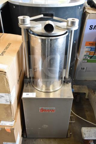 Sirman IS V25 IDRA VERT commercial sausage stuffer, floor style, 220 volts, stainless steel, Sirman logo on front.