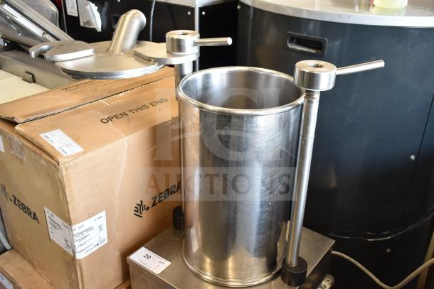 Sirman IS V25 IDRA VERT commercial sausage stuffer, floor style, 220V, stainless steel, excellent condition, auction tag visible.