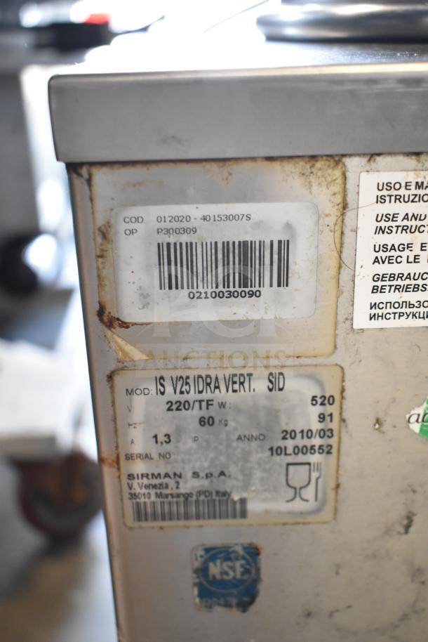 Sirman IS V25 IDRA VERT commercial sausage stuffer, 220 volts. Serial no. 10L00552, 2010/03. Visible NSF certification.