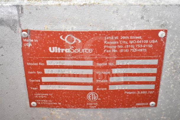 Red label on 2016 UltraSource Ultravac UY 2100, displays model, serial number, voltage, and manufacturing details.