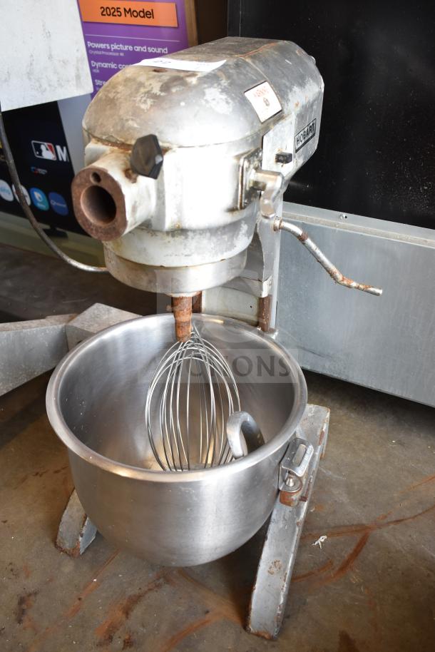 Hobart A-200 commercial 20-quart mixer with bowl, dough hook, whisk. 115V, 1 phase. Used condition.