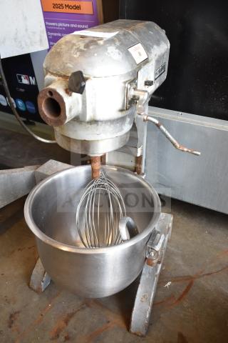 Hobart A-200 commercial 20-quart mixer with bowl, dough hook, whisk. 115V, 1 phase. Used condition.