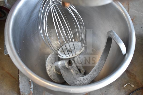 Hobart A-200 commercial mixer with 20-quart bowl, dough hook, whisk; 115V, 1-phase, used condition.