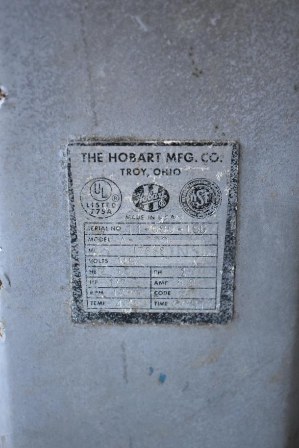 Hobart A-200 Commercial 20 Quart Mixer, includes mixing bowl, dough hook, whisk. 115V, single-phase. Label with specs.