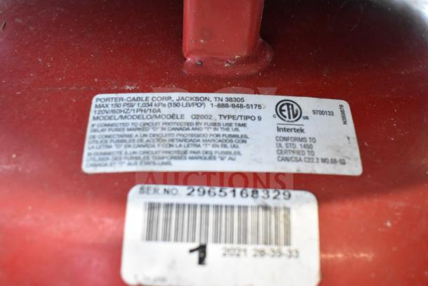 Porter & Cable C2002 air compressor label. Features 120V, 1 phase, max 150 PSI, 10A. Serial number 2965168329 visible.