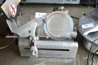 Globe 685 commercial countertop meat slicer with blade sharpener, 115 volts, 1 phase, visible wear, features model label.