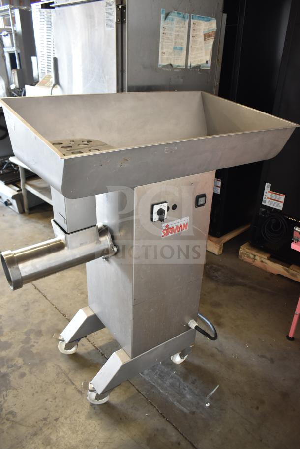 Sirman TC 42 MONTANA meat grinder, commercial floor model, stainless steel, electric, 220V, Sirman logo visible.