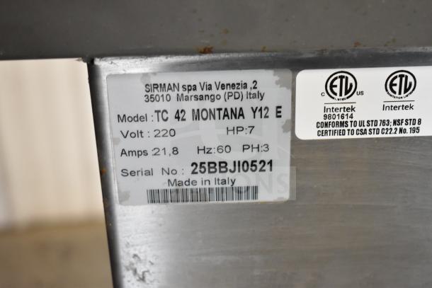 Sirman TC 42 MONTANA meat grinder label, 220V, 21.8A, 60Hz, 7HP, made in Italy, with ETL certifications visible.