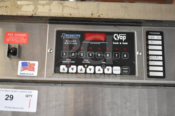 Winston CVap CA8522GR Cook N Hold Oven control panel with program keys, warning labels, and Made in USA sticker.