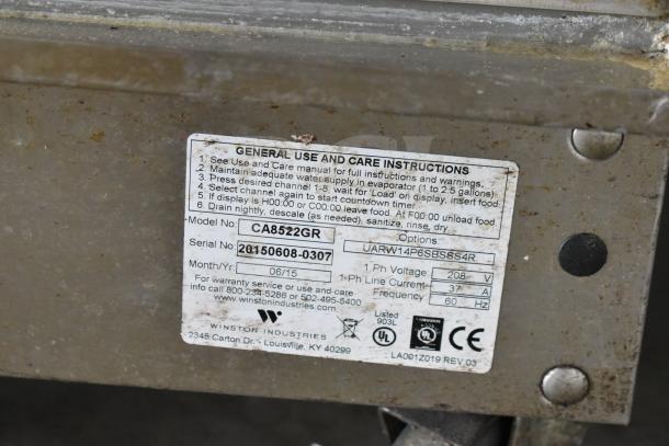 Winston CVap CA8522GR Commercial Cook N Hold Oven label showing model CA8522GR, serial 20150608-0307, and 208V specifications.