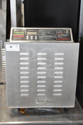 TSM Products Commercial Countertop Dehydrator, brushed metal finish, digital controls, used condition, item tag visible.