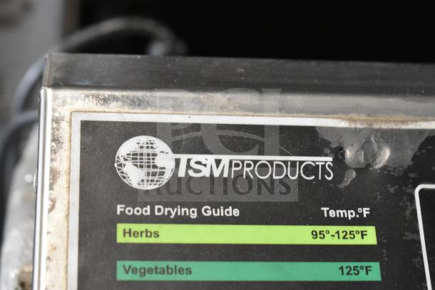 TSM Products Commercial Countertop Dehydrator, food drying guide visible, temps 95°-125°F. Fair condition.