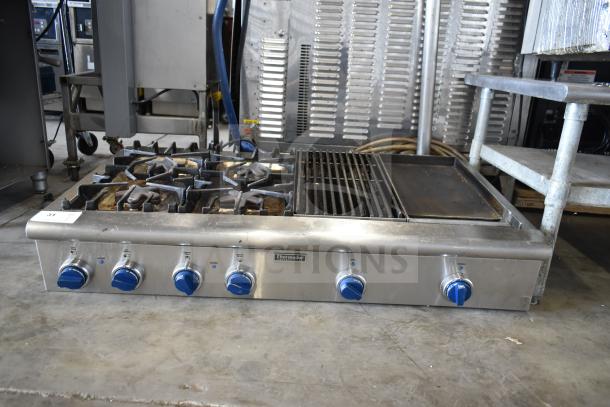 Thermador commercial countertop gas range with 4 burners, charbroiler, and flat top griddle. Stainless steel, used condition.