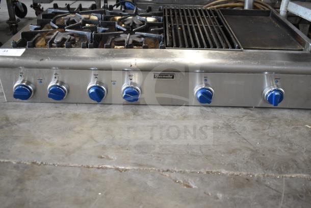 Thermador Commercial Countertop Gas Range, 4 Burners, Charbroiler, Griddle, stainless steel, used condition, visible controls.