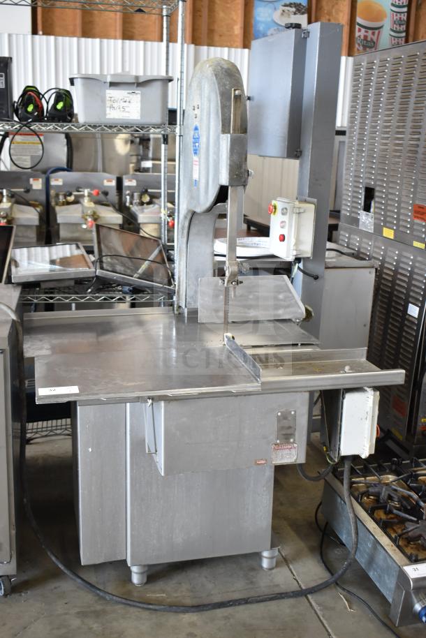 Biro 3334 Commercial Meat Saw, 208/240 volts, stainless steel, includes adjustable blade guard and stable base.