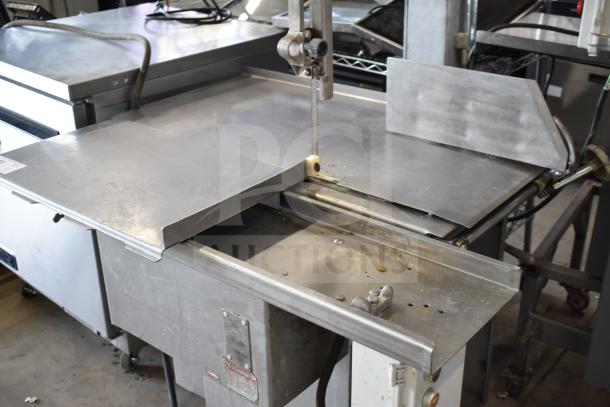 Biro 3334 Commercial Meat Saw, 208/240V, stainless steel, used condition, with adjustable blade and safety guides.