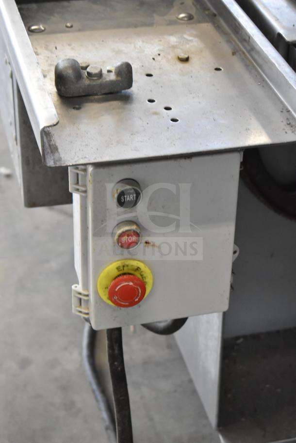 Biro 3334 Commercial Meat Saw, 208/240 Volts. Stainless steel table, start and stop buttons visible. Used condition.