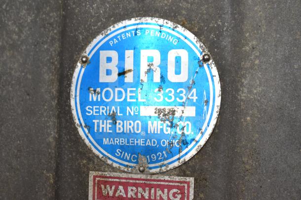 Biro 3334 Commercial Meat Saw label, showing model and patent info, used condition, 208/240 Volts.