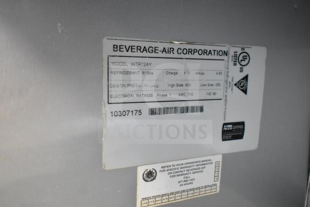 Beverage Air WTR72AY undercounter cooler label showing model, refrigerant R134a, and electrical ratings, VAC 115, Phase 1.
