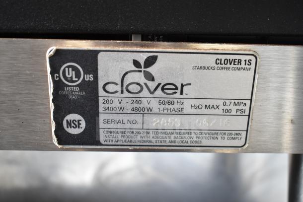 Clover 1S Countertop Automated Coffee Brewer tag showing voltage, water pressure, and certifications.