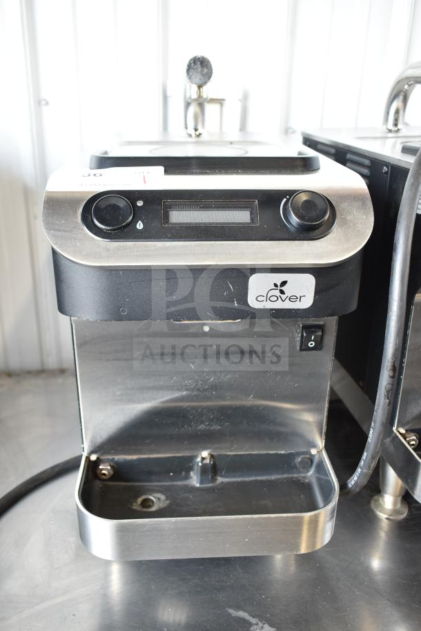 Clover 1S countertop single-cup coffee brewer, stainless steel finish, voltage 200-240V, 1 phase, visible controls and branding.