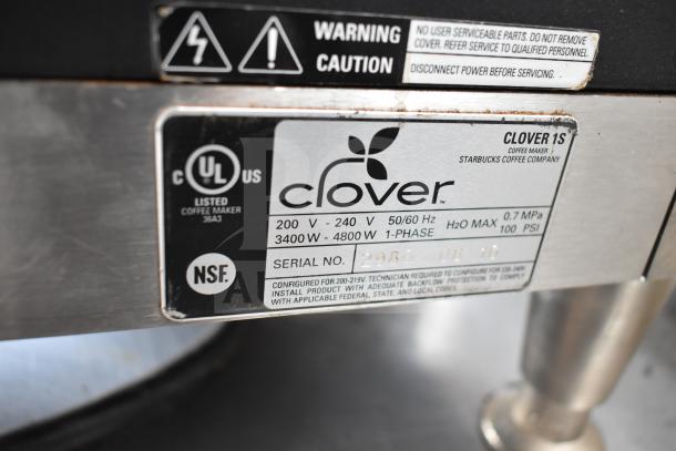 Clover 1S Coffee Brewer label, showing 200-240V, 50/60 Hz, 3400W, 1-phase, NSF certified. Serial label visible.