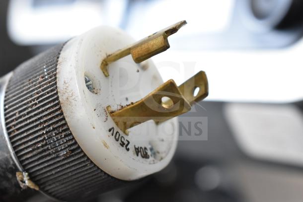 Close-up of the power plug for a Clover 1S Coffee Brewer, showing 250V marking and brass prongs, indicating electrical specifications.