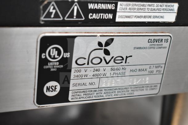 Clover 1S Automated Single-Cup Coffee Brewer, 200-240V, 1 Phase. Features include serial number and power warnings.