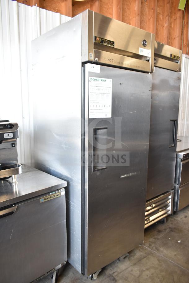 True TG1R-1S commercial single door reach-in cooler on casters, stainless steel, 115 volts, 1 phase, good condition.