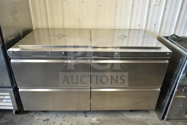 2020 Delfield D4460NP-24M-A5 commercial prep table with 4 drawers, stainless steel, on casters. 115 volts, 1 phase.