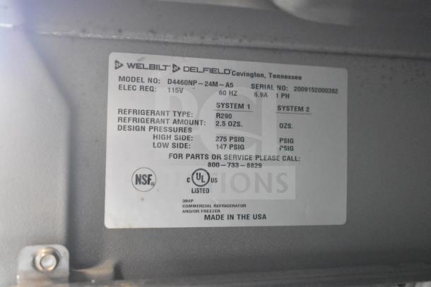 2020 Delfield D4460NP-24M-A5 prep table label, showing model, 115V, phase specs, and refrigerant details.