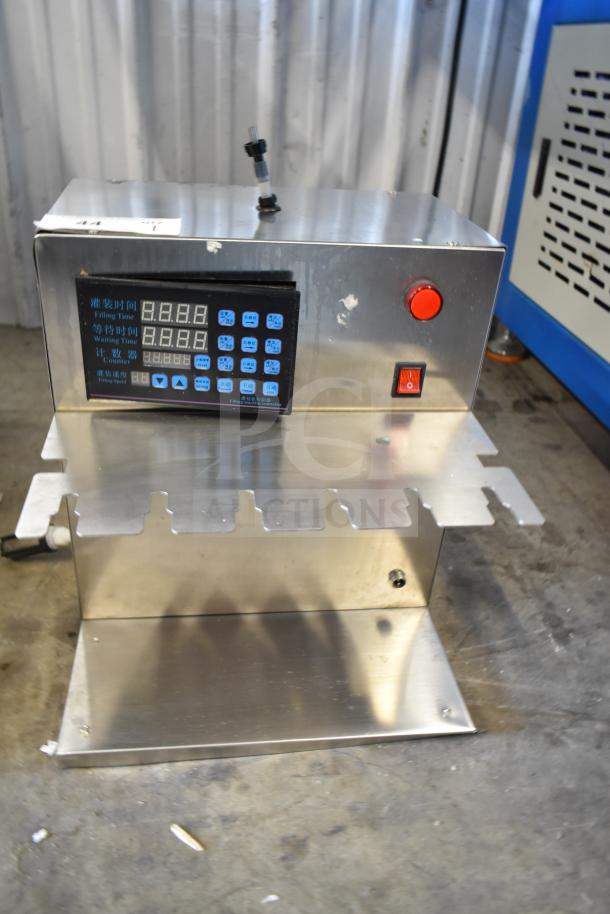 6 Head Electric Automatic Liquid Filling Machine, stainless steel, digital control panel, good condition, for bags and bottles.