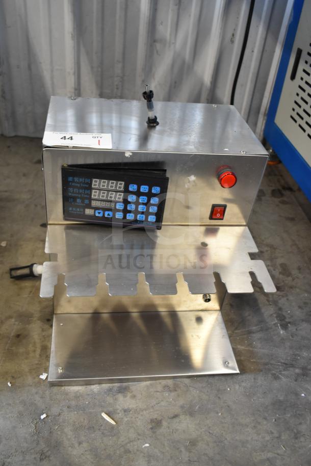 6 Head Electric Automatic Liquid Filling Machine, stainless steel, digital controls, red button, item tag marked "44".