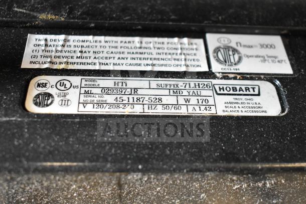 2018 Hobart HTi-7LH26 commercial scale label showing model, voltage, and certifications. Tested and working, 120/208-240V.