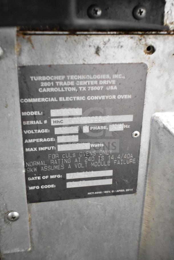 Turbochef HhC2020 electric conveyor oven label showing model, serial number, voltage, and manufacture date.