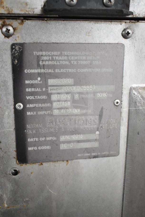 Turbochef HhC2020 rapid cook oven, commercial conveyor, 208/240V, 3-phase, equipment stand, June 2016 manufacture.