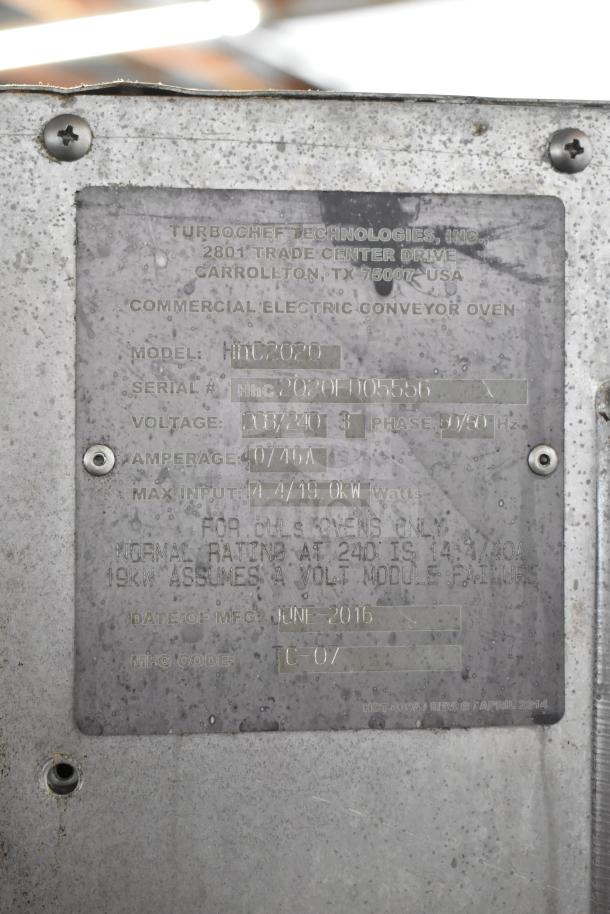 Turbochef HhC2020 commercial conveyor oven label, 2016, 208/240V, 3 phase, model info. Includes equipment stand.