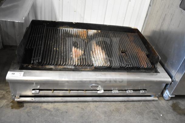 Wells Commercial Countertop Gas Charbroiler Grill, stainless steel, visible wear, model tag displayed, used condition.