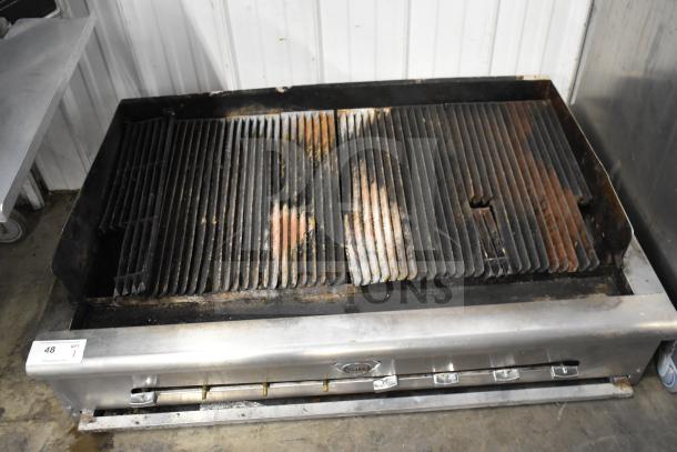 Wells Commercial Countertop Gas Charbroiler Grill, used condition, stainless steel, visible wear on grates, item tag "48 QTY 1".