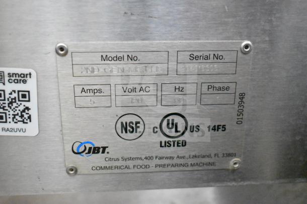 JBT 2ND-GEN-MFJ-HE Fresh N Squeeze commercial juicer plate, model info, 115V, 1 phase, NSF, UL listed.